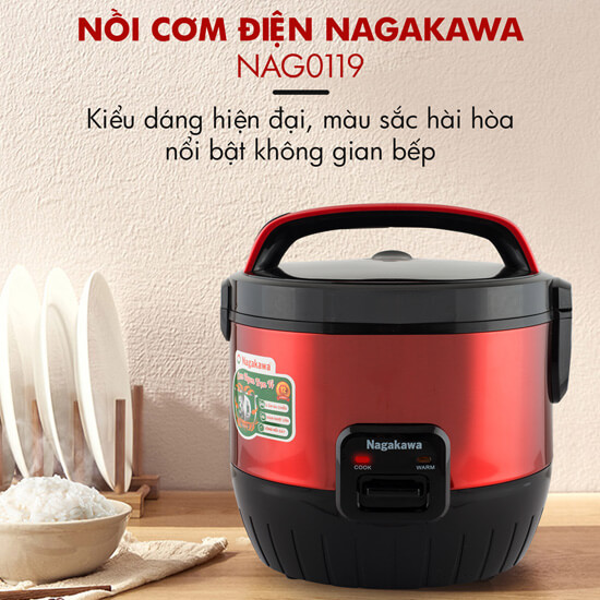 Nồi cơm điện 1.8 lít Nagakawa NAG0119 sở hữu thiết kế quai xách chắc chắn, màu sắc hài hòa, năng động