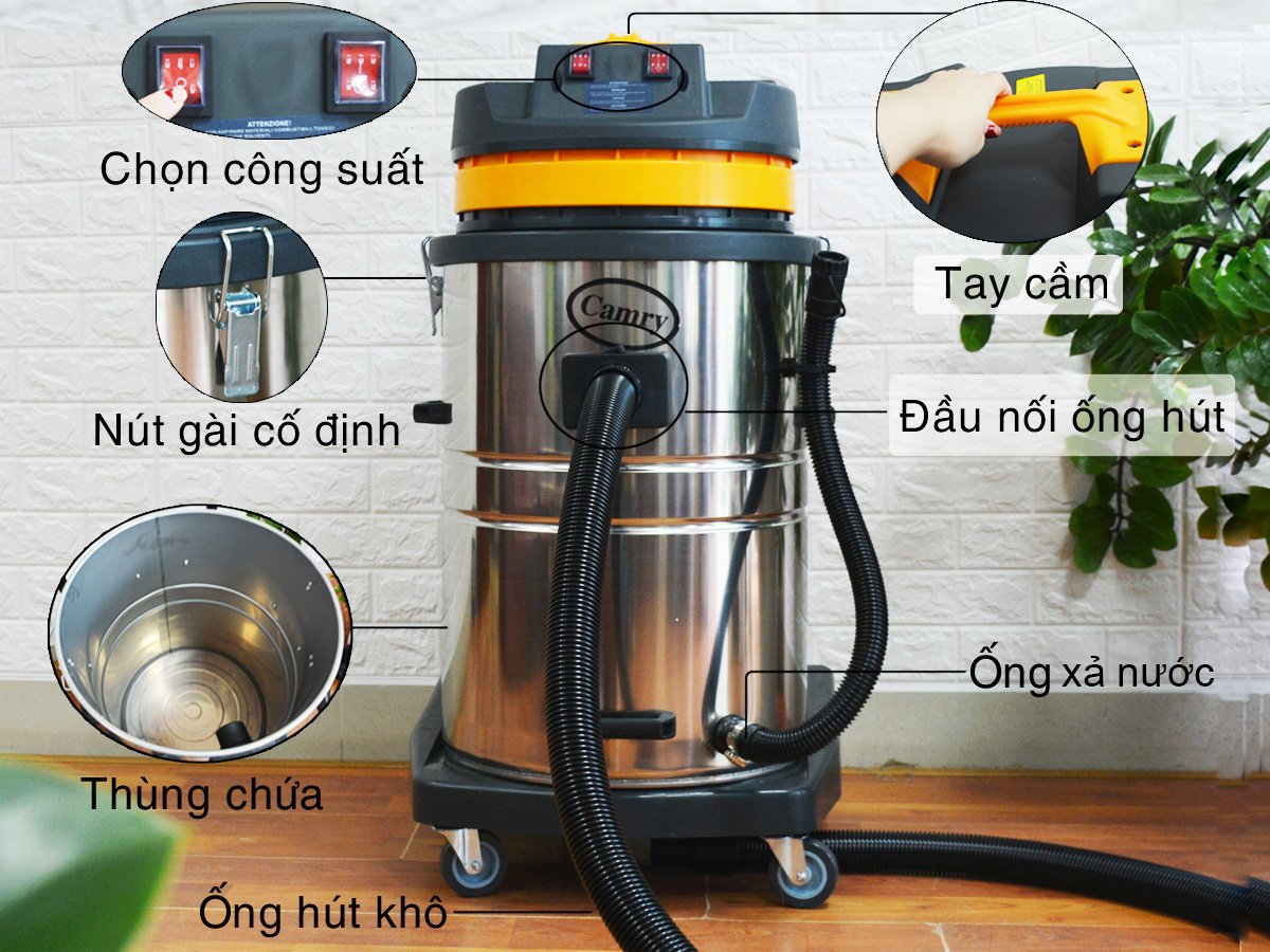 Cấu tạo của máy hút bụi công nghiệp khô & ướt Camry BF-580 (70 lít) lý tưởng để dọn dẹp vệ sinh công nghiệp.