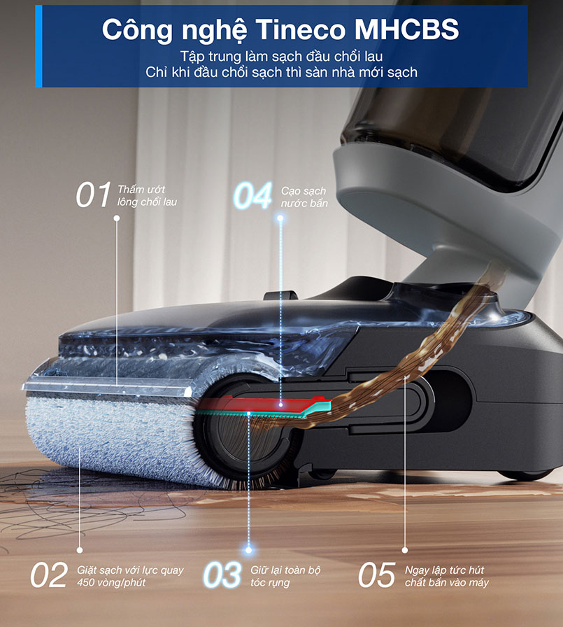 Máy lau sàn hút bụi Tineco tập trung làm sạch đầu chổi lau