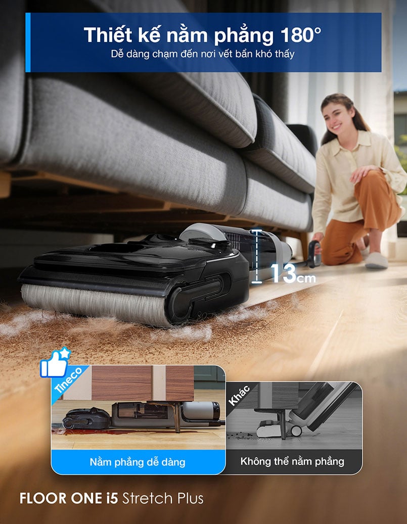Máy lau sàn hút bụi Tineco thiết kế nằm phẳng 180 độ
