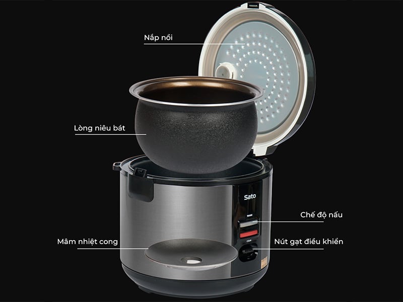Cấu tạo của nồi cơm điện lòng niêu Sato 18B068