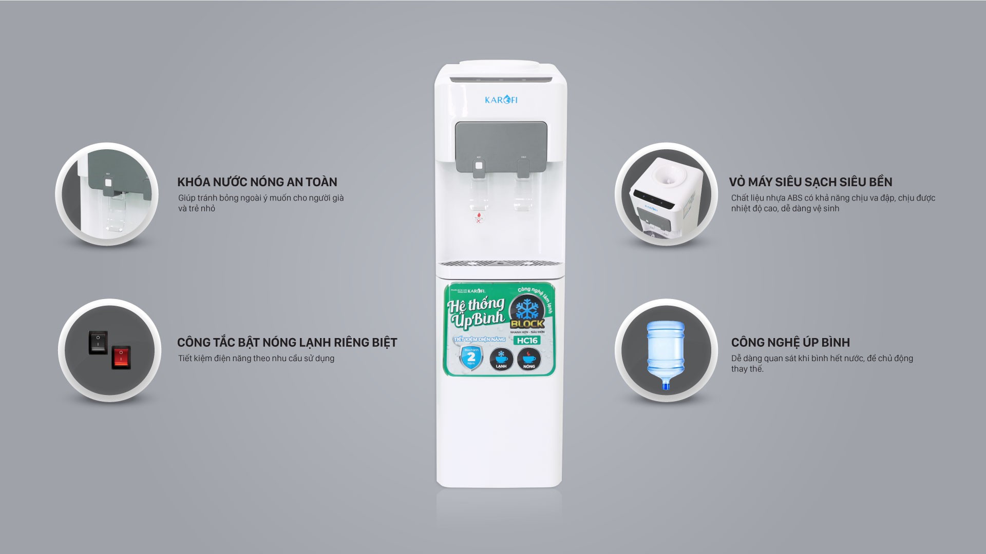 Cây nước nóng lạnh nguội Karofi HC16 có hệ thống đèn LED chỉ thị dễ quan sát