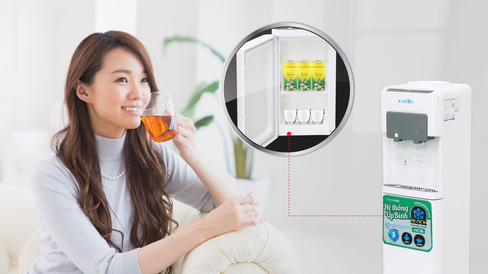 Cây nước nóng lạnh úp bình Karofi HC16 có khoang chứa đồ tiện dụng