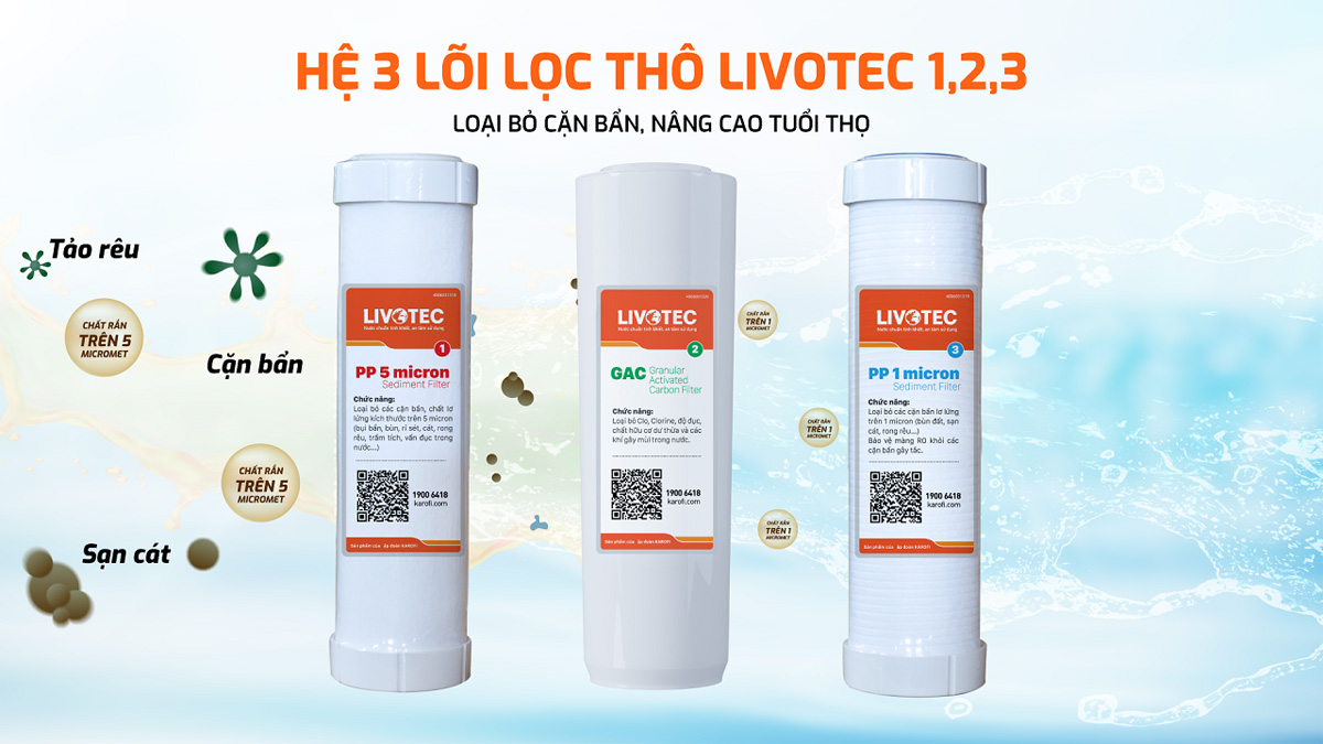 Lõi lọc thô Livotec 1,2,3 củ máy lọc nước nóng lạnh Karofi Livotec 629