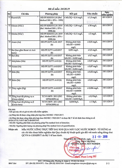 Phiêu kết quả kiểm nghiệm Máy lọc nước lợ, nhiễm mặn R.O ROBOT RL-9N