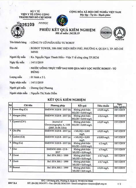 Phiếu kết quả kiểm nghiệm Máy lọc nước lợ, nhiễm mặn R.O ROBOT RL-9N