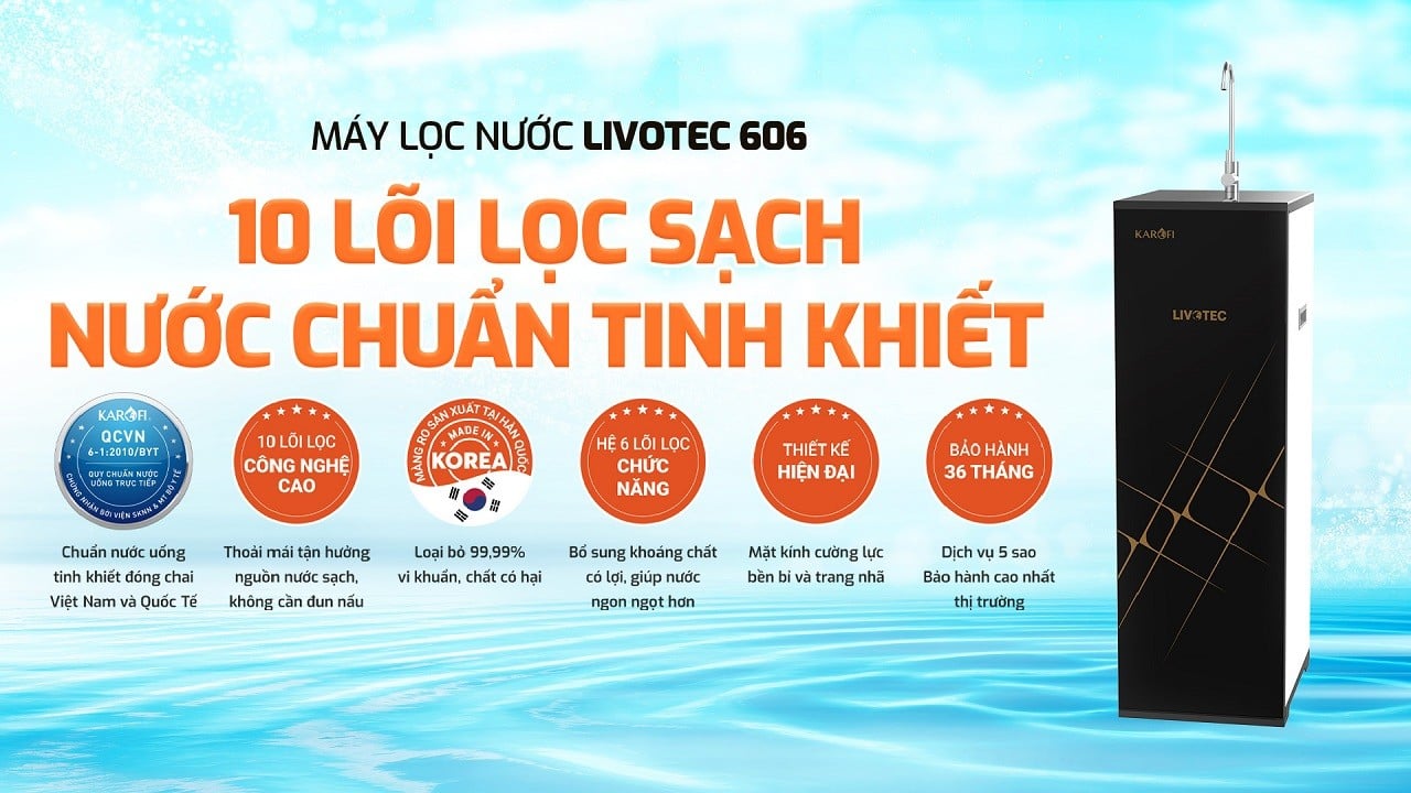 Máy lọc nước RO Karofi Livotec 606S sử dụng 10 lõi lọc tiên tiến