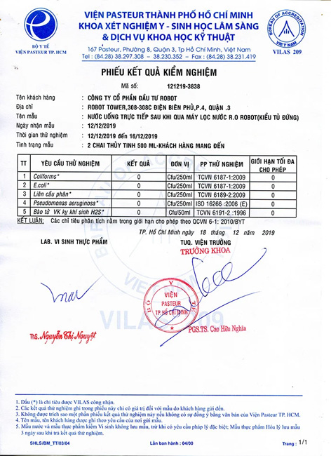 Phiếu kết quả kiểm nghiệm Máy lọc nước lợ, nhiễm mặn R.O ROBOT RL-9N