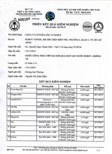 Phiếu kết quả kiểm nghiệm Máy lọc nước lợ, nhiễm mặn R.O ROBOT Alpha-9GN