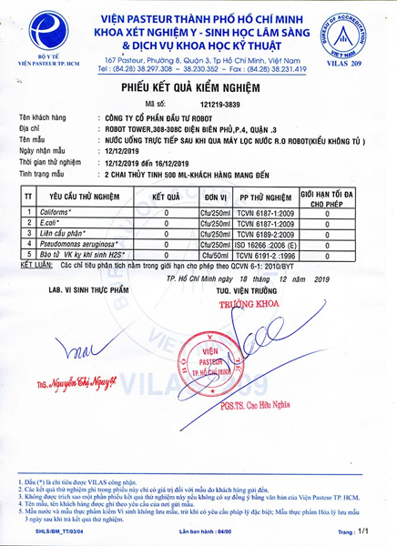 Phiếu kết quả kiểm nghiệm Máy lọc nước lợ, nhiễm mặn R.O ROBOT Alpha-9GN