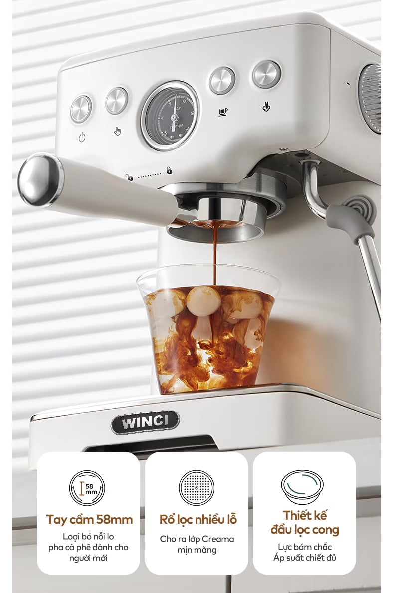 Tay cầm inox 58mm – Chiết xuất đậm đà, bền bỉ vượt trội