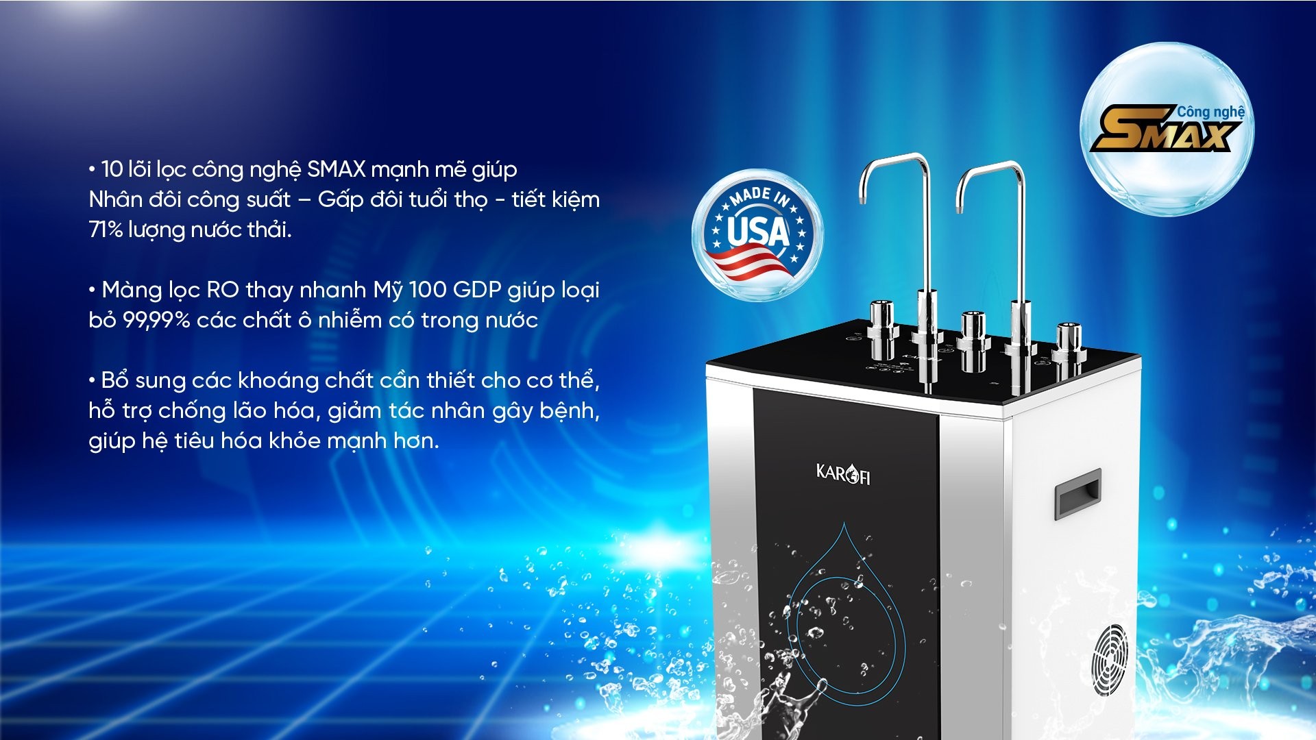 Máy lọc nước nóng lạnh Karofi KAD-D50 ứng dụng công nghệ RO Smax