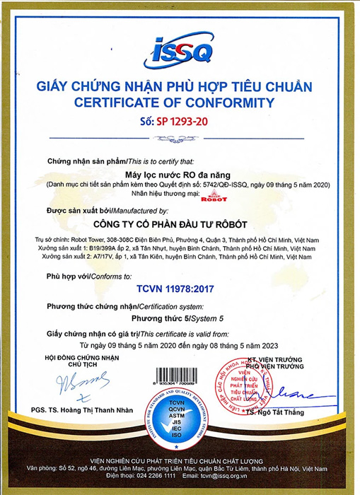 Giấy chứng nhận Máy lọc nước lợ, nhiễm mặn R.O ROBOT RL-9GN
