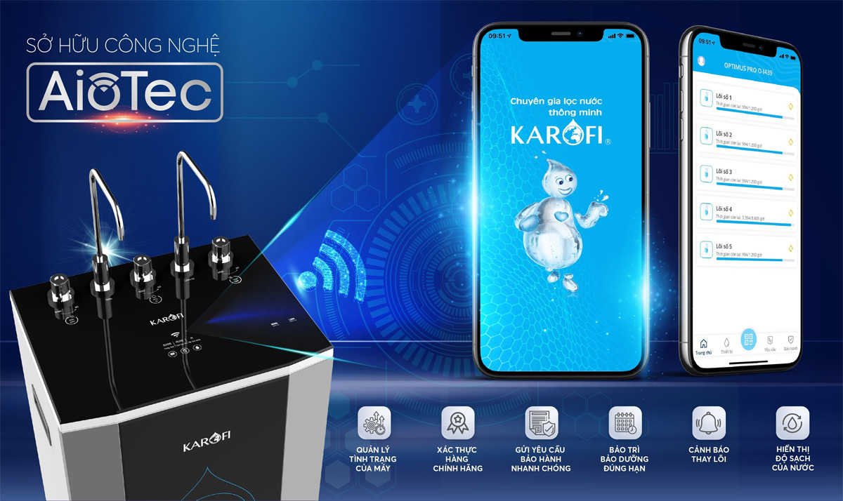 Máy lọc nước nóng lạnh Karofi KAD-D50 giám sát bằng công nghệ hiện đại