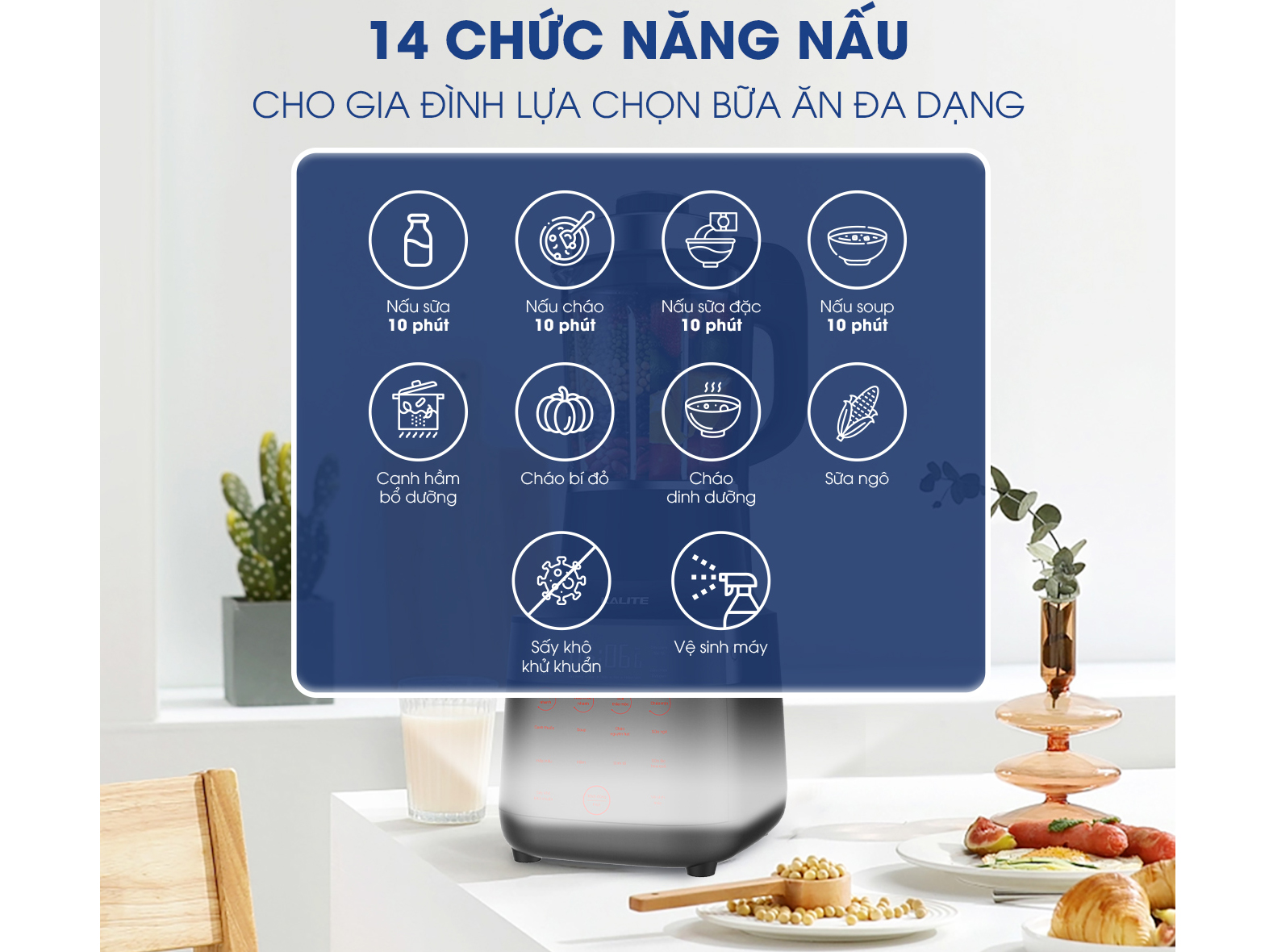 Máy làm sữa hạt Kalite KL990P có tới 14 chế độ xay, nấu