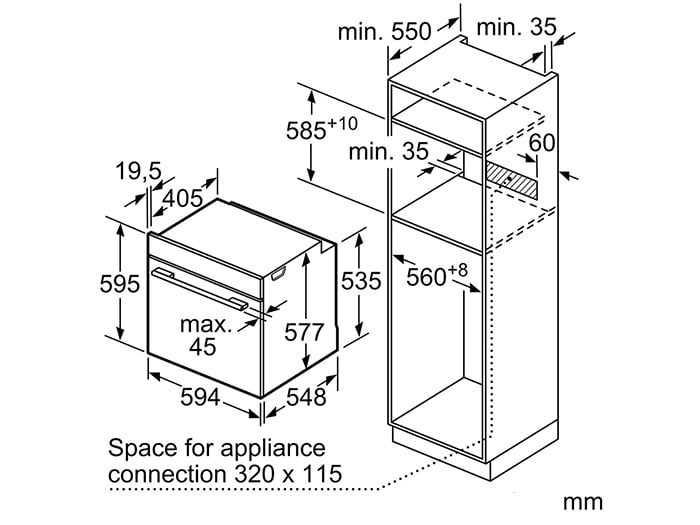 Kích thước lắp đặt của lò nướng Bosch HBG675BB1
