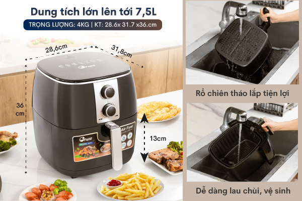 Nồi chiên không dầu FujiE AF7 dễ dàng vệ sinh, lau chùi