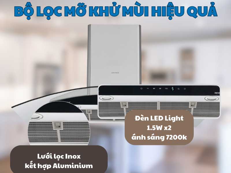 Máy hút mùi kính con GrandX có lưới lọc bằng inox và nhôm