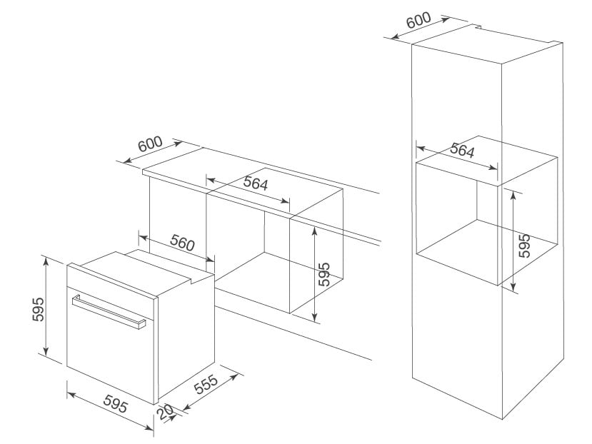 Kích thước lắp đặt lò nướng âm tủ Malloca MOV-659S