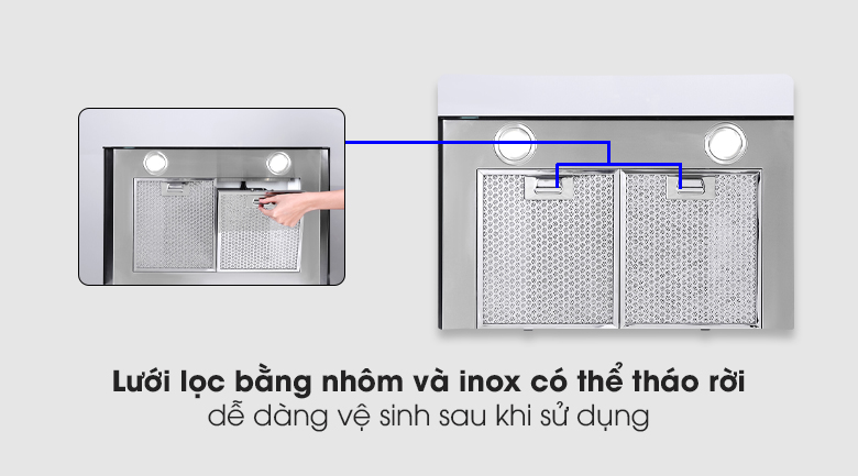 Máy hút mùi Pramie có lưới lọc bằng nhôm và inox