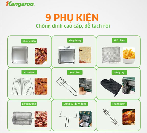 Các bộ phận của nồi chiên Kangaroo KG15AF3A, trong đó có các phụ kiện đều được làm từ chất liệu bền bỉ, an toàn