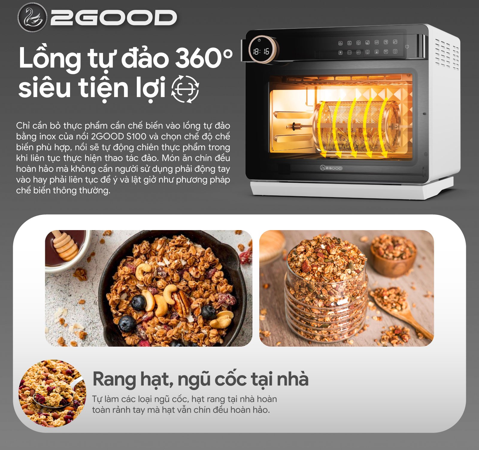 Nồi chiên không dầu 2GOOD có lồng tự đảo 360 độ