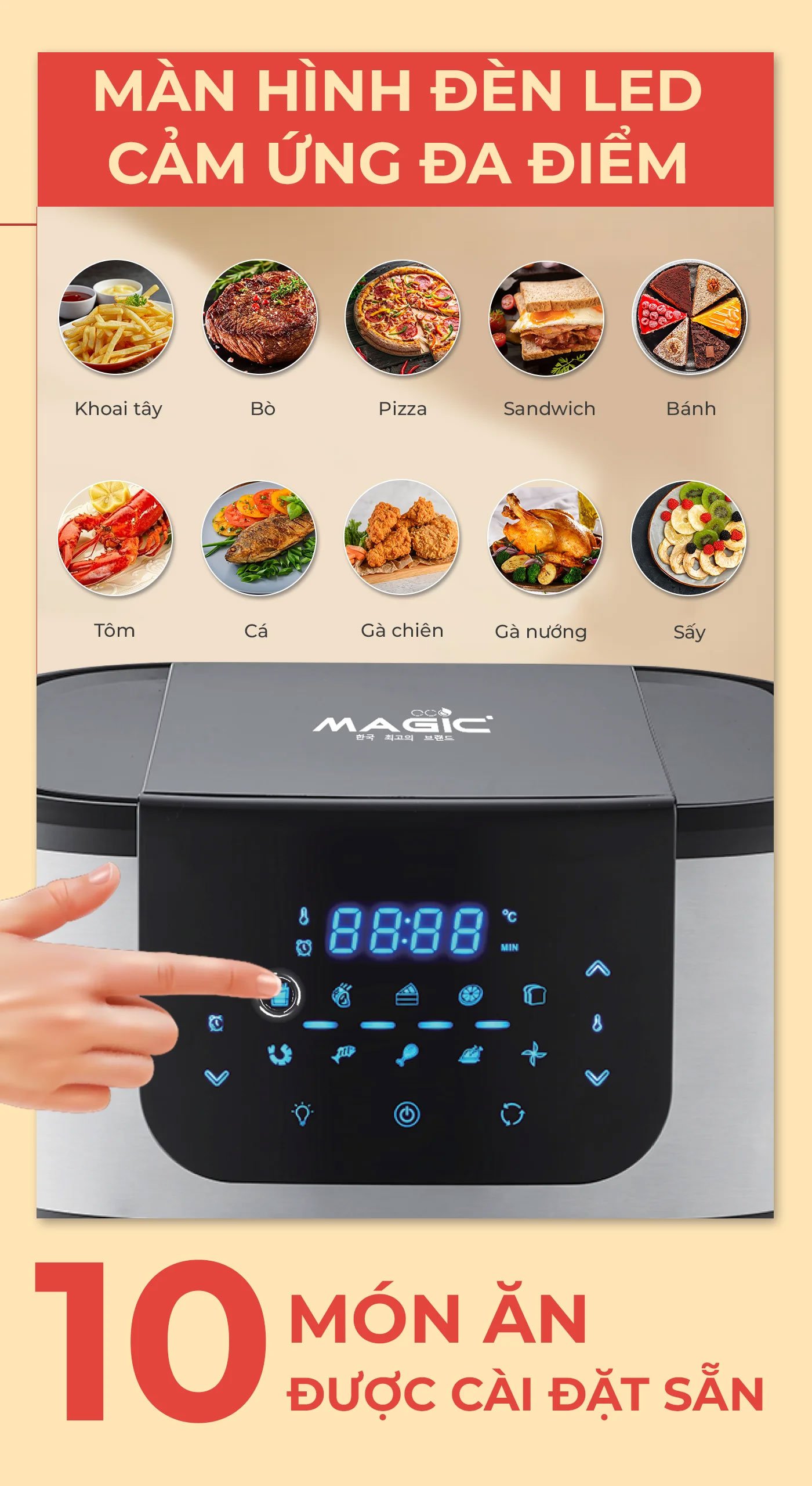 Nồi chiên không dầu kết hợp nướng Magic Eco M13 có bảng điều khiển cảm ứng