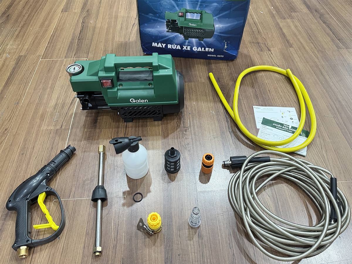 Trọn bộ sản phẩm máy rửa xe áp lực cao Galen G035