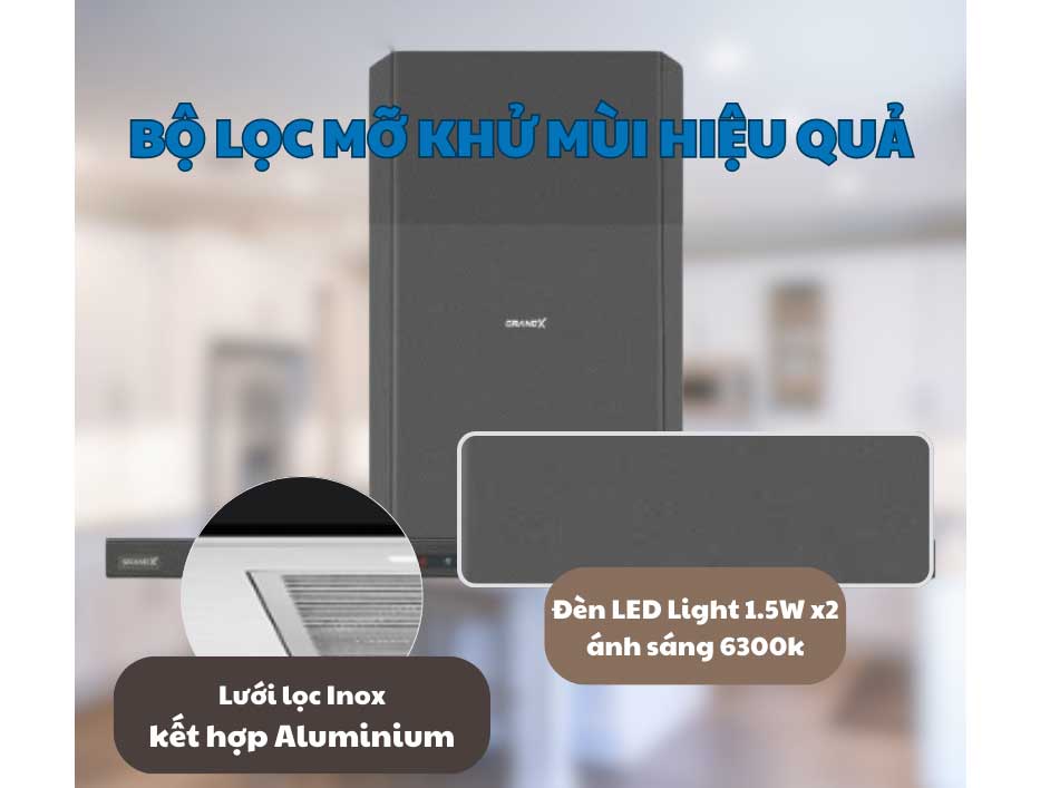 Máy hút mùi GrandX có lưới lọc bằng inox và nhôm