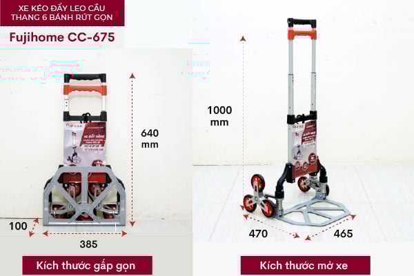 Kích thước Xe kéo đẩy leo cầu thang 6 bánh rút gọn FujiHome CC-675