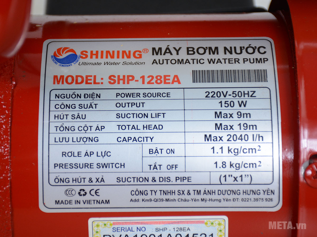 Một số thông số kỹ thuật của máy bơm nước Shining SHP-128EA 