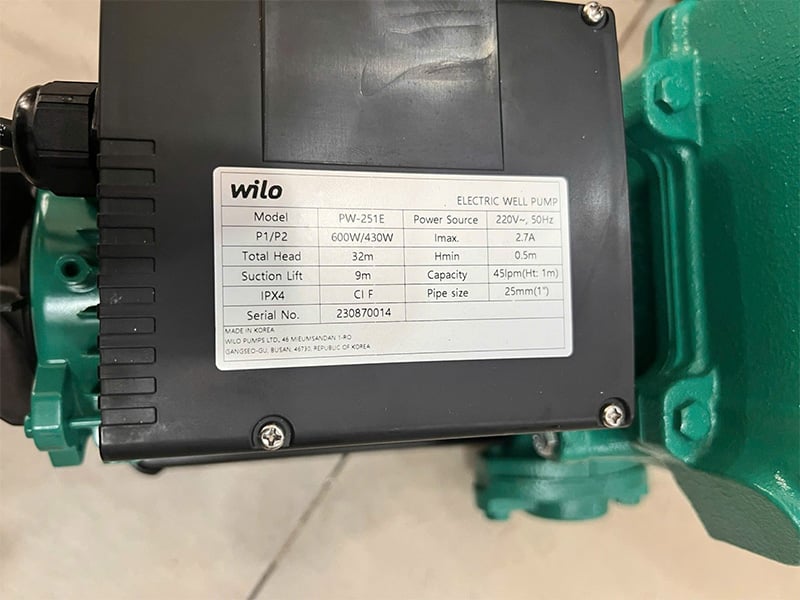 Wilo PW 251E vận hành với công suất 250W