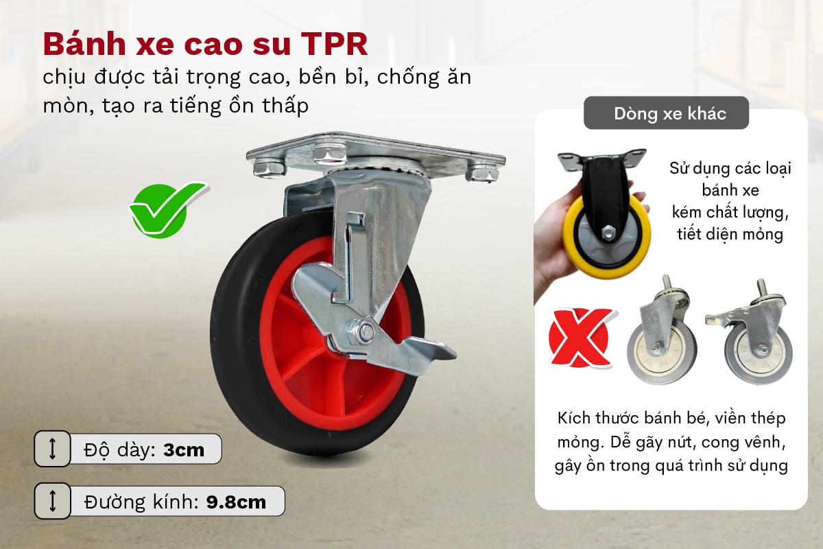 SH150N dùng bánh xe cao su chịu được tải trọng cao