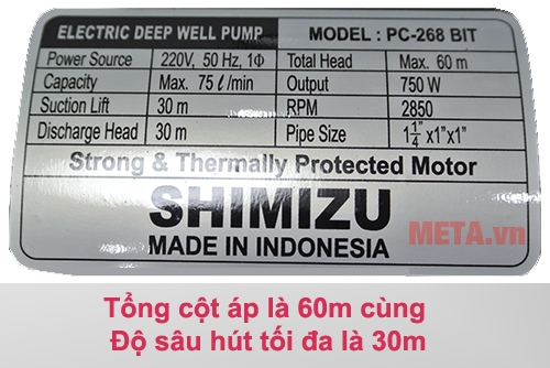 Thông số kỹ thuật của máy bơm nước đẩy cao Shimizu PC-268 BIT