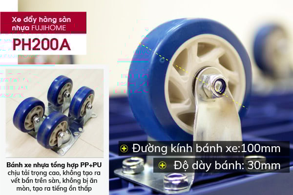 Bánh xe bằng nhựa PP + PU, đường kính 100mm
