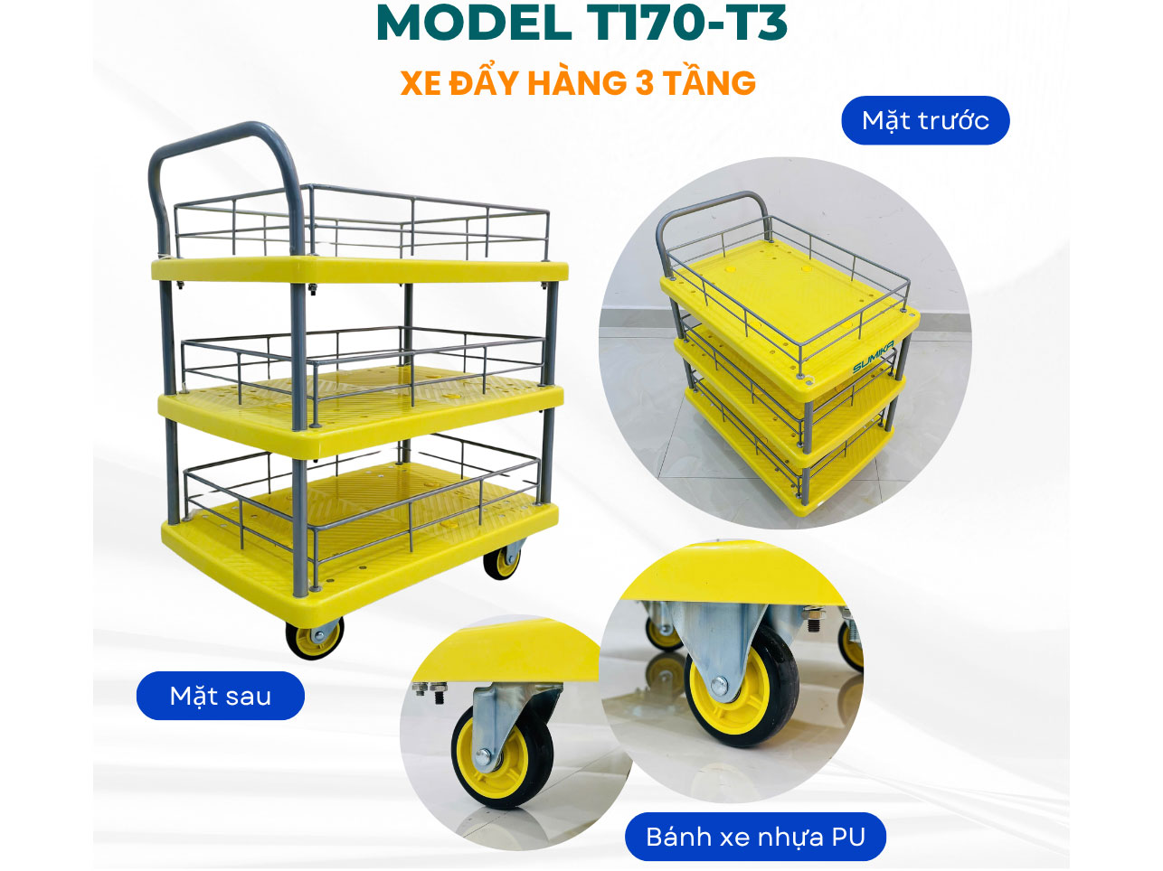 Xe đẩy hàng Sumika có 4 bánh xe PU