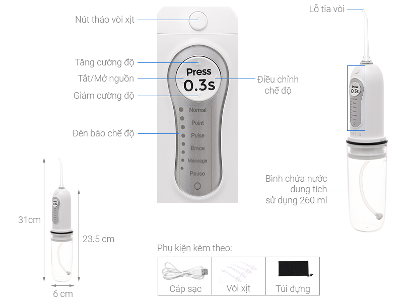 Cấu tạo của máy tăm nước cầm tay Halio Professional Cordless Oral Irrigator