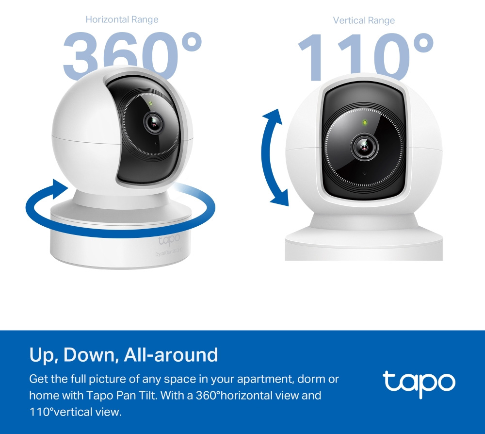 Camera TP-Link Tapo C222 hỗ trợ xoay ngang 360 độ và quét dọc 110 độ