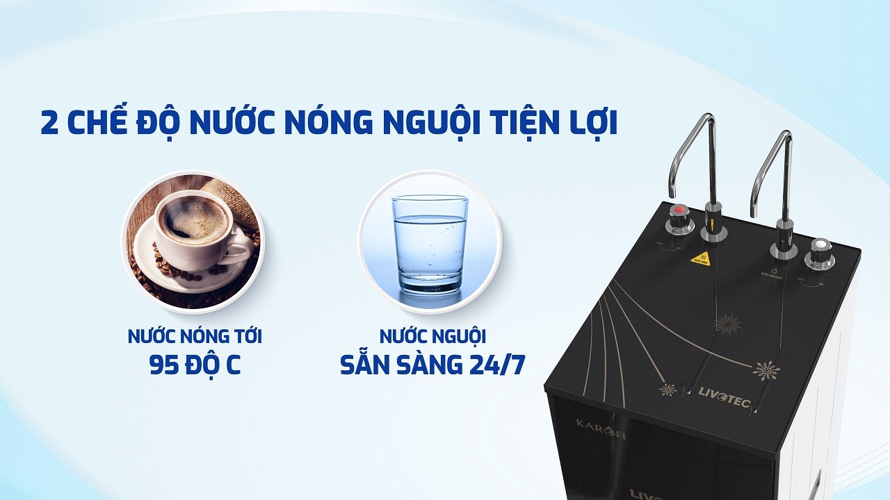 Máy lọc nước Karofi giúp người dùng luôn có sẵn nước sạch và nước nóng sử dụng