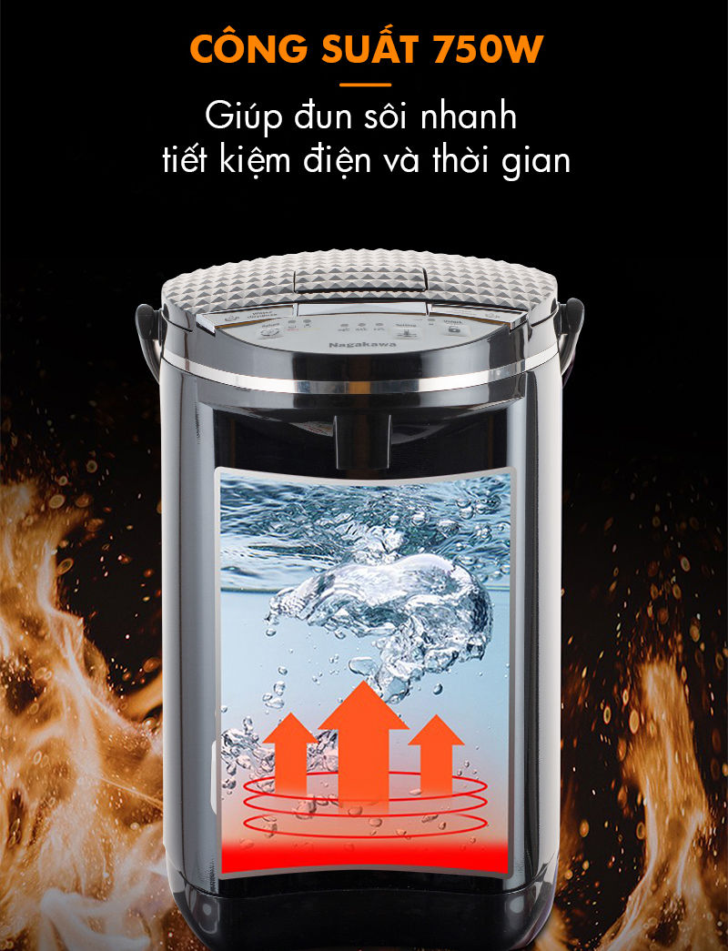 Công suất bình 750W giúp đun nước sôi nhanh