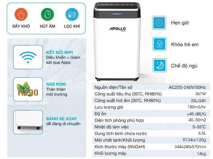 máy hút ẩm Apollo Sumikura 35 lít NV-350Apollo sở hữu nhiều tiện ích
