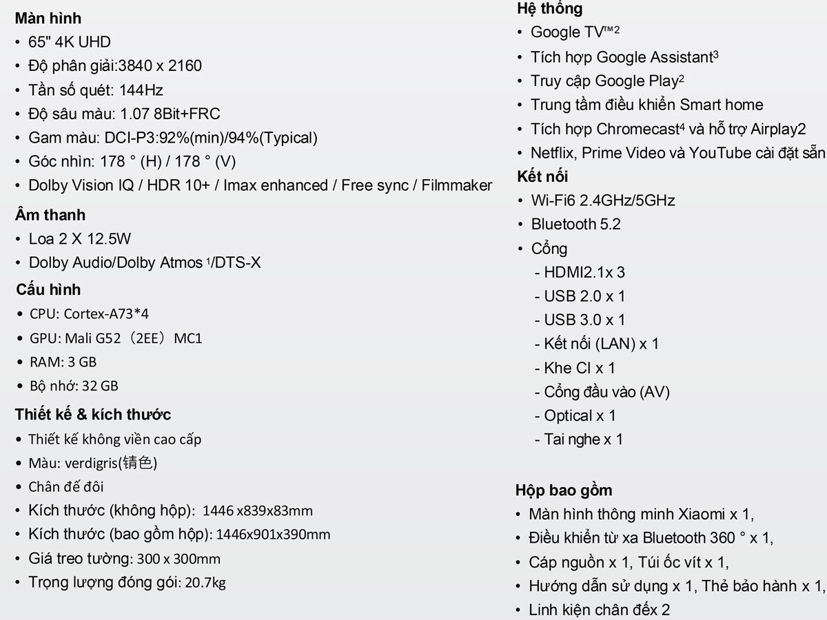 Tivi Xiaomi Mini Led S65 có kết nối Wifi 6