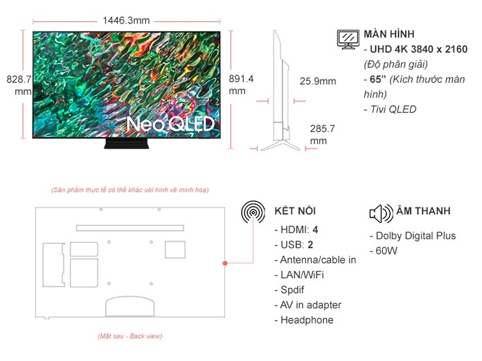 Thông số kỹ thuật tivi Samsung QLED 4K 65 inch QA65QN90DAKXXV