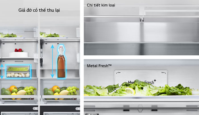 Hệ thống khay kệ, giá đỡ của tủ lạnh LG LFB53BLMI có thể điều chỉnh linh hoạt
