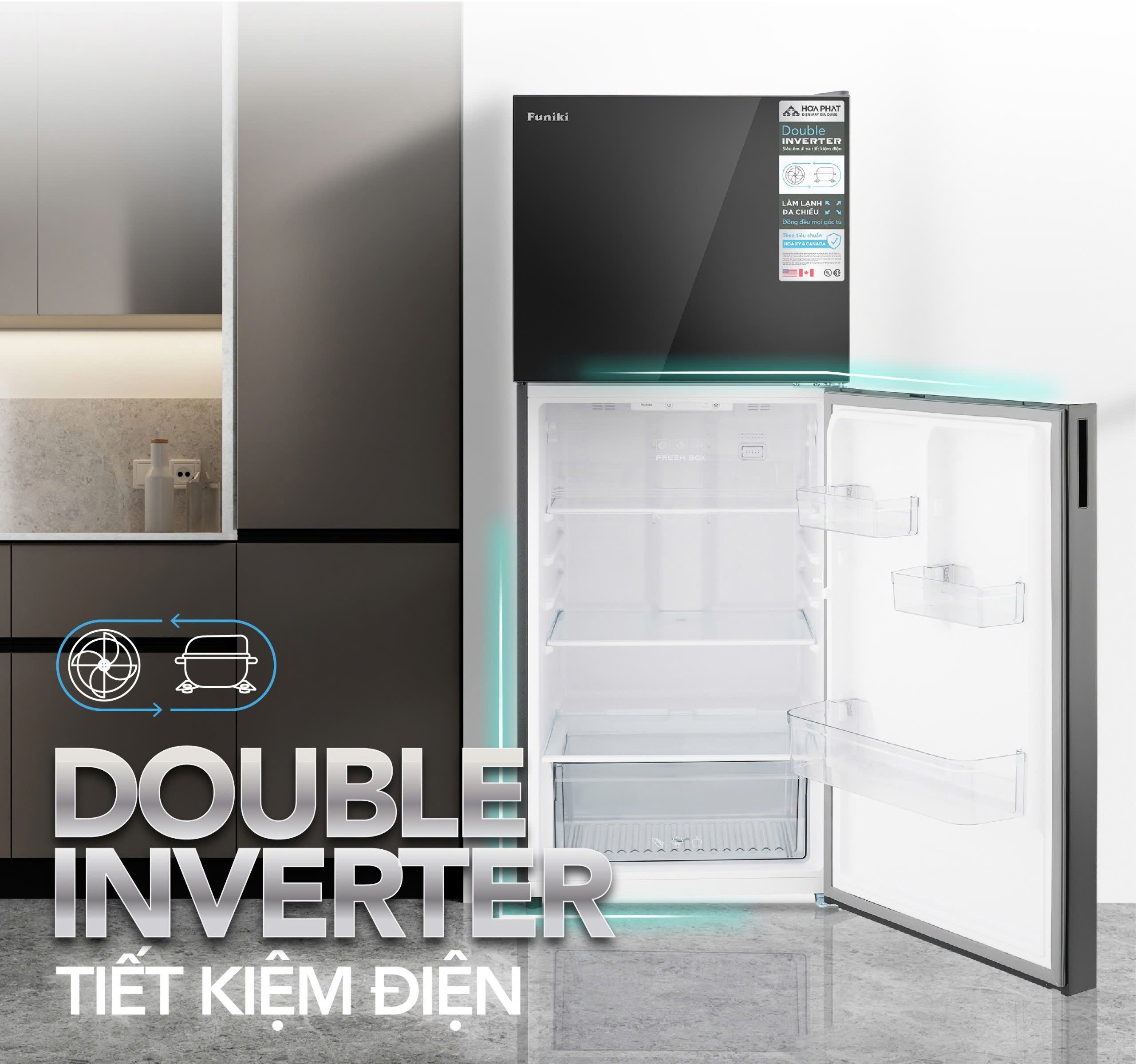Tủ lạnh cánh kính Funiki HR T8286GB 286 lít còn được tích hợp công nghệ Double Inverter tiên tiến