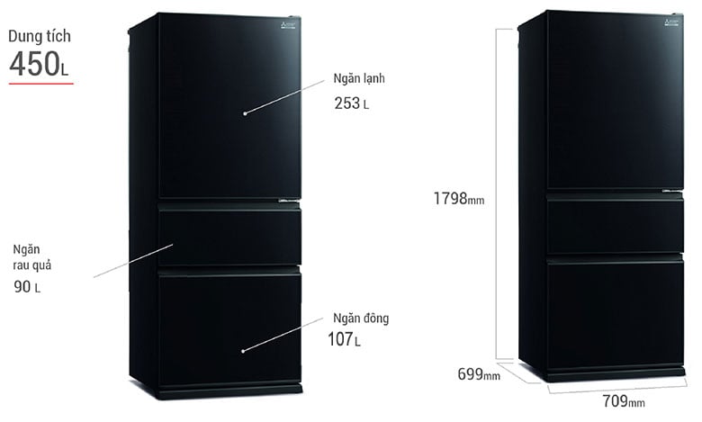 Tủ lạnh Mitsubishi Inverter 450 lít MR-CGX56EP-GBK-V có tổng dung tích là 450 lít