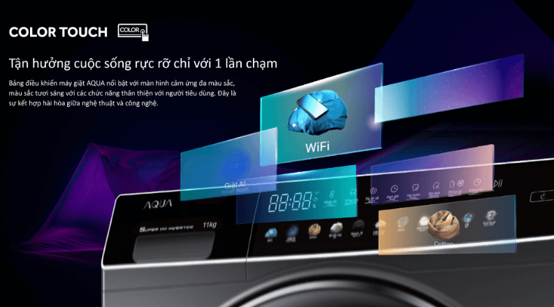 Máy giặt 10kg AQUA AQD-DDW1000J.BK có bảng điều khiển nhiều màu sắc