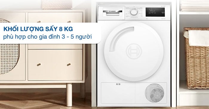 máy sấy quần áo bơm nhiệt Bosch WTH83008SG có khối lượng sấy 8kg