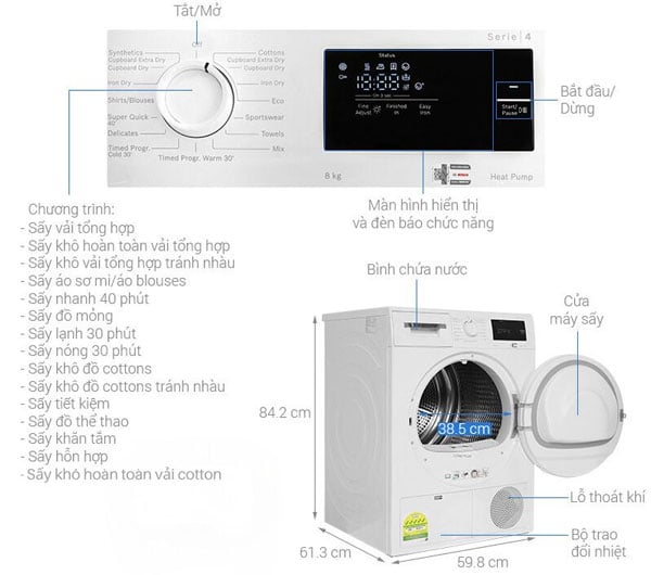 Cấu tạo của máy sấy quần áo bơm nhiệt Bosch WTH83008SG