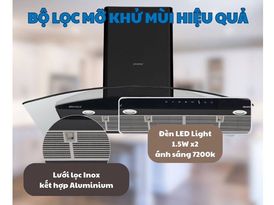 Máy hút mùi GrandX có lưới lọc inox và nhôm